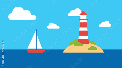 Sailboat navigating near a red and white striped lighthouse on a sunny day.