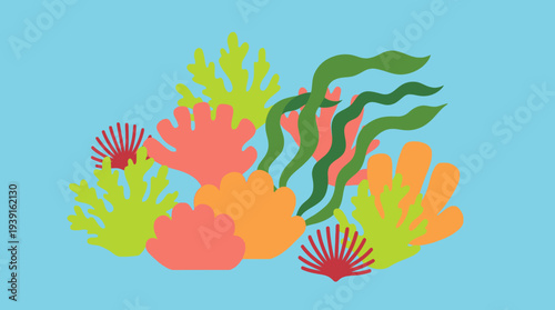 Colorful Coral Reef Illustration with Seaweed and Sea Fans.