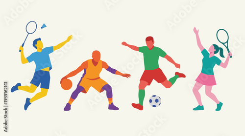 Vibrant illustration of people playing tennis and soccer.