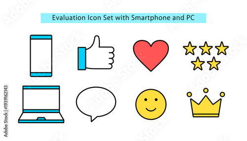 スマホやパソコン上で高評価をイメージしたアイコンセット