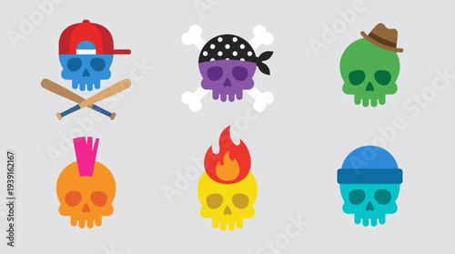 Colorful skulls with various hats and accessories illustration.