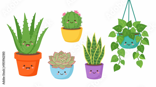 Colorful Cartoon Succulents and Cacti in Potted Plants.