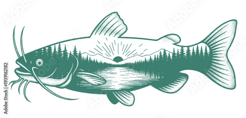 Catfish with mountain forest and lake landscape vintage illustration