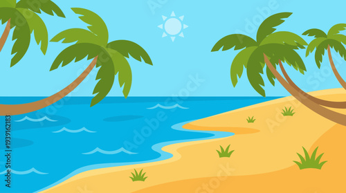 Tropical beach scene with palm trees and clear blue water.