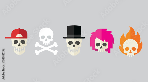 Five Skulls with Different Headwear and Emblems.