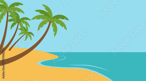 Tropical beach scene with palm trees and calm turquoise ocean.