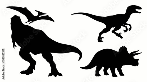 Silhouettes of three different dinosaurs standing alone.