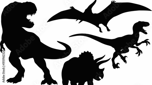Silhouettes of three different dinosaurs standing alone.