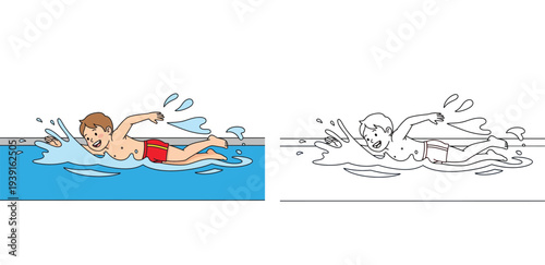 Cute cartoon boy swimming freestyle in pool, color and black and white line art coloring book page vector illustration