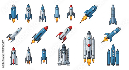 Collection of various cartoon rockets and spacecraft flying.