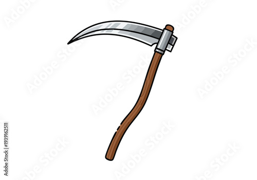 A cartoon illustration of a scythe, a tool with a long, curved blade attached to a pole, often depicted as a symbol of death or the Grim Reaper