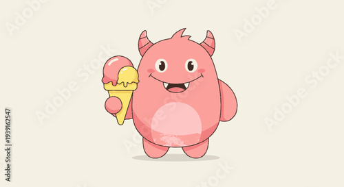 Pink Cartoon Monster Holding Ice Cream.