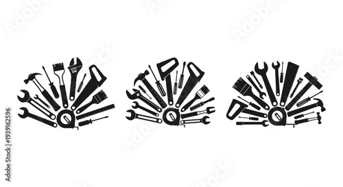 Set of 3 black and white construction tools vector illustrations