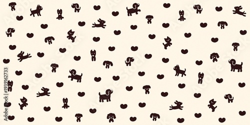 Minimalist dogs and hearts seamless pattern. Little black elements on white cream background. Cute design for baby or children . 