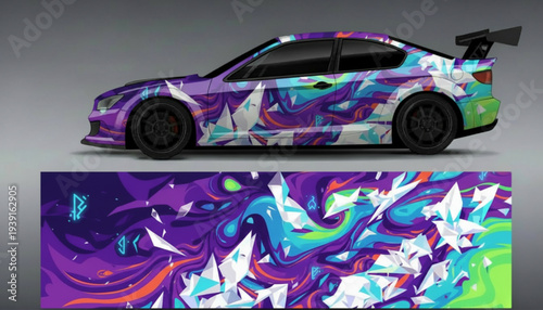 A vibrant abstract shattered glass and fluid pattern car wrap design on a sports coupe, with the full graphic displayed below.