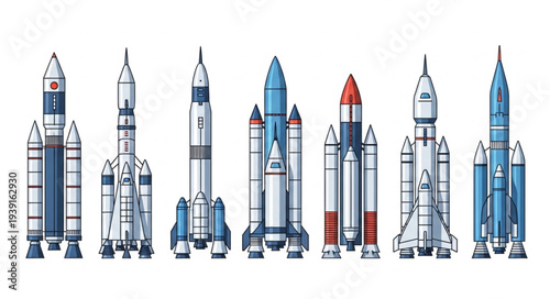 Collection of diverse rockets and spacecraft ready for launch.