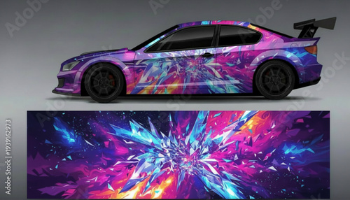 Vibrant abstract shattered crystal car wrap design on a purple sports coupe with a matching pattern swatch below.