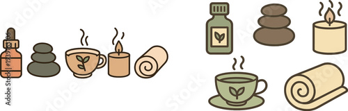 A collection of relaxation items including a dropper bottle, stacked stones, a steaming cup, a lit candle, and a rolled towel arranged gracefully, perfect for creating a soothing environment.