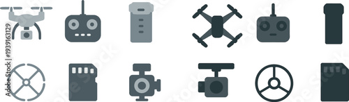 A collection of essential drone components is displayed, featuring a drone, its controller, battery, propeller, memory card, and motor. These parts are pivotal for flying operations.