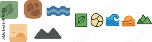Colorful illustrations depict a leaf, stone, waves, a document, and mountains, showcasing different natural elements and their significance to the environment.