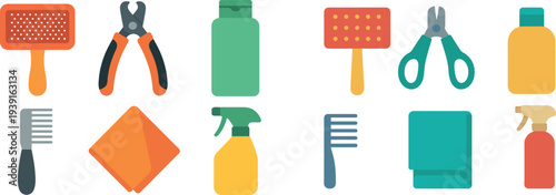 A collection of grooming tools including a brush, clippers, bottles, and a spray container arranged neatly on a bright background, emphasizing pet care essentials.