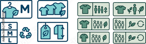 Illustrations highlight clothing size indicators and recycling symbols, emphasizing the importance of sustainable fashion. These elements guide consumers in making eco-conscious choices.