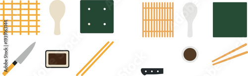 Various cooking tools and materials are organized on a flat surface, including a cutting board, knife, and utensils. This setup is ideal for meal preparation.