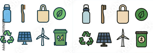 Various essential items for sustainable living are displayed, including a reusable water bottle, toothbrush, tote bag, and symbols for recycling, solar energy, and wind energy sources.
