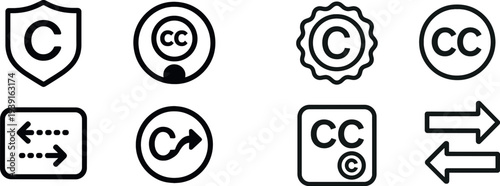 Several copyright symbols including a shield, circular mark, directional arrows, and refresh icon illustrate concepts of intellectual property and content sharing in digital formats.
