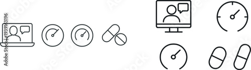 Icons representing a virtual consultation, health monitoring with gauges, and medication management illustrate the integration of technology in healthcare.