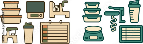 Various kitchen tools are arranged on a white backdrop, including containers, a scale, a spiralizer, and a shaker bottle, showcasing essentials for meal prepping and healthy cooking.