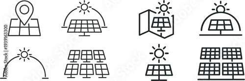 Illustrations depict a solar energy system concept with a location marker and solar panels. Sunlight interacts with the panels, indicating energy generation during the day.