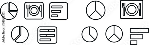 Icons display a pie chart, plate with cutlery, and a list, representing food-related themes and data visualization. These elements can be used in menus or reports.