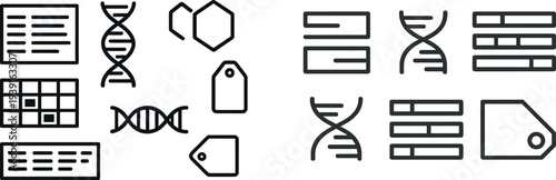 Detailed representations of various scientific elements, including data tables, DNA strands, molecular shapes, and identification tags, commonly used in research and analysis.