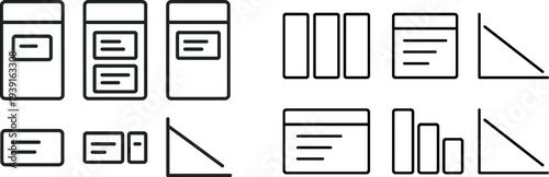 Different styles of mobile user interface elements are showcased, including cards and buttons. These geometric designs focus on simplicity and usability, ideal for app development.
