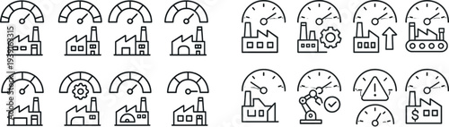 Graphical representation of industrial metrics shows various factory designs paired with performance gauges, emphasizing efficiency in manufacturing processes.