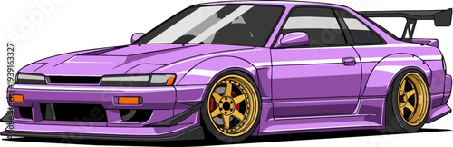 A sleek purple sports car illustration with gold rims and a spoiler, viewed from the front side.