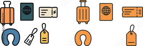 Essential travel items arranged together, showcasing a suitcase, passport, boarding pass, neck pillow, and luggage tags. Perfect for organizing travel plans before departure.
