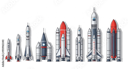 Collection of various rockets and spacecraft lined up in size order.