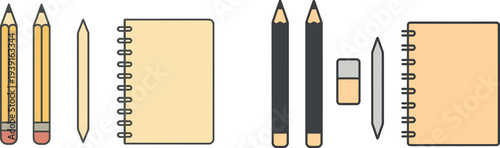 Two yellow pencils with erasers and a spiral-bound notebook are displayed together, ideal for writing or drawing. Perfect for students and creative enthusiasts.
