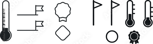 A temperature scale is displayed alongside two flags and a badge, illustrating concepts of measurement and design. Useful for educational purposes in various settings.