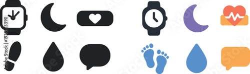 Minimalist icons including a watch, moon, heartbeat, footprint, water droplet, and speech bubble showcase concepts of time, nature, health, and interaction effectively.