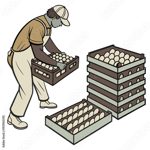 Man in overalls checking egg trays egg vendor eggs