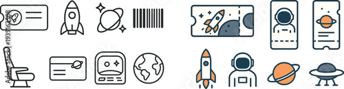 Various travel-themed icons feature a space ticket, rocket, planet symbols, a barcode, a chair, and a boarding pass. These elements suggest excitement and adventure in space exploration.