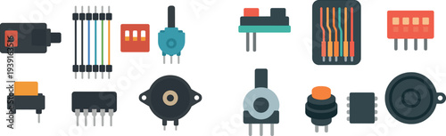 A collection of electronic components including connectors, resistors, and other parts is displayed on a flat surface. These components are commonly used in circuit assembly and design.