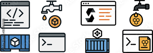 Various icons representing web development concepts, including code snippets, a faucet, and design elements, shown in a modern digital layout. These symbols highlight key aspects of programming.