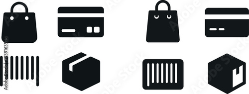 Four icons illustrate shopping concepts. A simple handbag signifies purchases, a credit card represents payment, and a box with a stripe indicates delivery services.