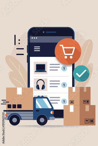 Online shopping illustration with truck delivering packages near large smartphone displaying shopping list and checkmark