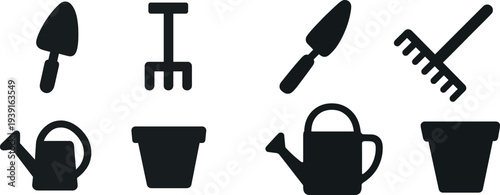 Various essential gardening tools are displayed, including a trowel, rake, watering can, and plant pot, signifying springtime gardening preparation and upkeep.