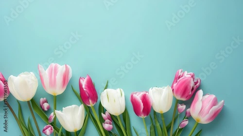 Pink and white tulips bloom against a soft blue backdrop. Gentle colors create a fresh, calming visual effect. Petals curve naturally, showing soft, realistic textures
